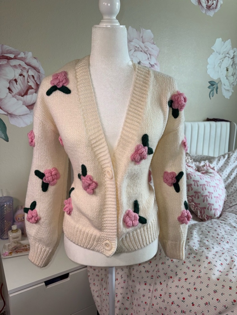 Cream Floral-Appliqué Button Cardigan - Pink Flowers